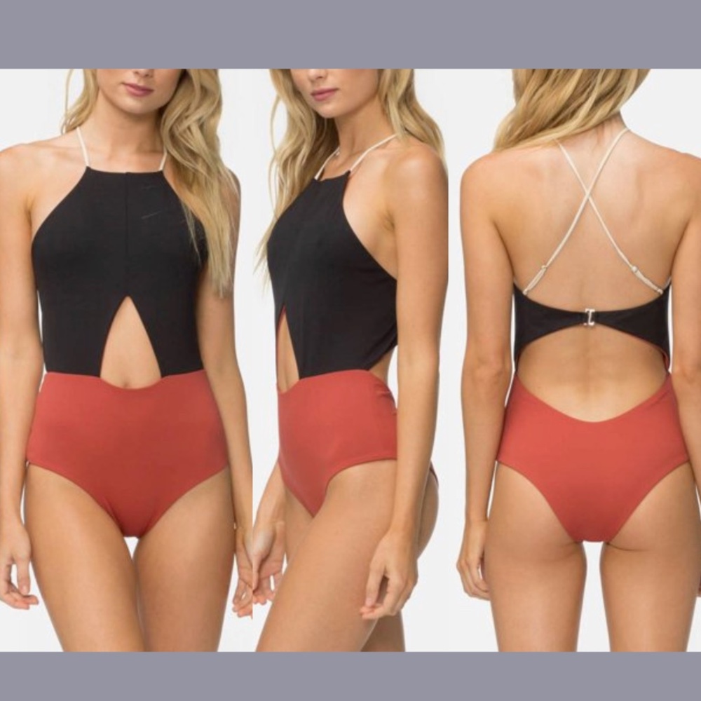 NWT TAVIK [ XS ] Lela Colorblock‎ Cut-Out One Piece Swimsuit in Rust/ Black